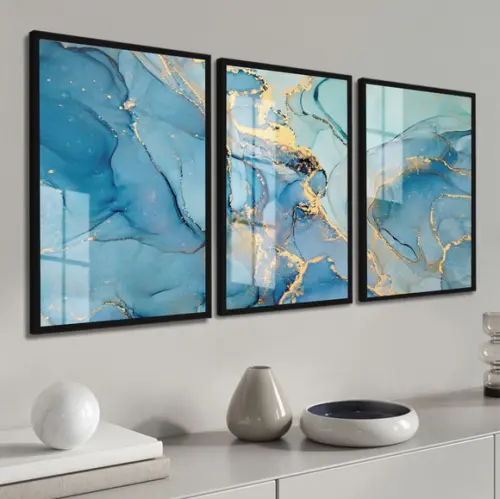 Kit Quadros Decorativos Abstrato Dourado Azul Moldura Vidro