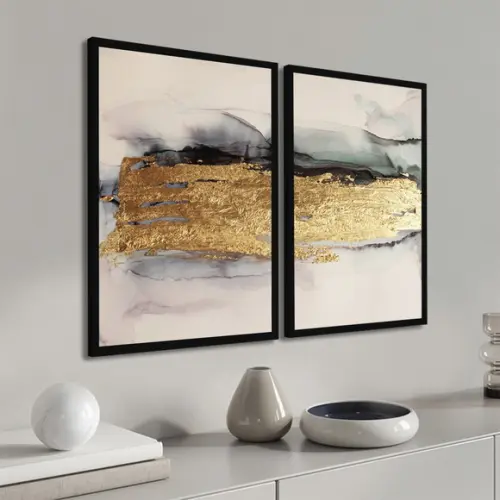 Kit Quadros Decorativos Abstrato Dourado Mármore Moldura