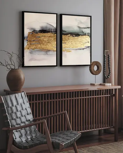 Kit Quadros Decorativos Abstrato Dourado Mármore Moldura