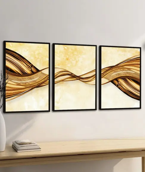 Kit Quadros Decorativos Abstrato Dourado Faixa Gold Moldura
