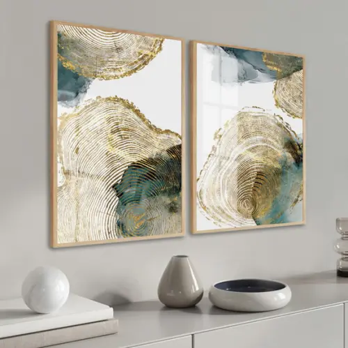 Kit Quadros Decorativos Abstrato Dourado Verde Moldura Vidro