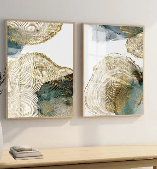 Kit Quadros Decorativos Abstrato Dourado Verde Moldura Vidro