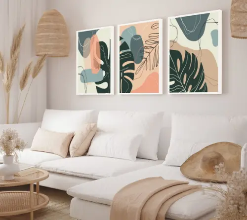Kit Quadros Decorativos Abstrato Folhagem Para Sala Moldura