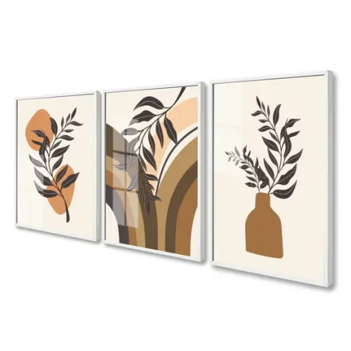Kit Quadros Decorativos Abstrato Folhagem Boho Moldura Vidro