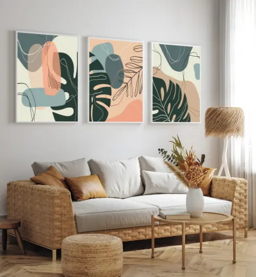 Kit Quadros Decorativos Abstrato Folhagem Para Sala Moldura