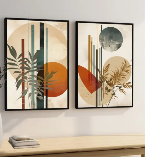 Kit Quadros Decorativos Abstrato Folhas Moderna Sala Moldura