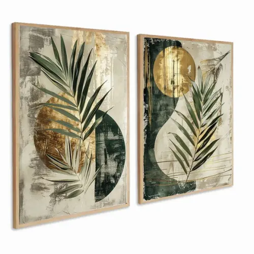 Kit Quadros Decorativos Abstrato Folhas Verdes Gold Moldura