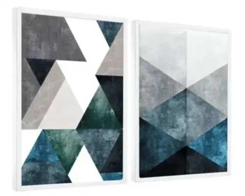 Kit Quadros Decorativos Abstrato Geométrico Azul Com Moldura