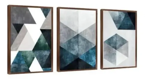 Kit Quadros Decorativos Abstrato Moderno Azul Trio Moldura