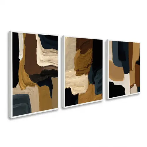 Kit Quadros Decorativos Abstrato Moderno Boho Marrom Moldura