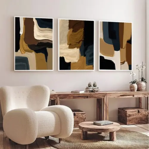 Kit Quadros Decorativos Abstrato Moderno Boho Marrom Moldura