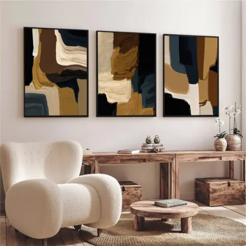 Kit Quadros Decorativos Abstrato Moderno Marrom Boho Moldura