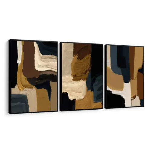 Kit Quadros Decorativos Abstrato Moderno Marrom Boho Moldura