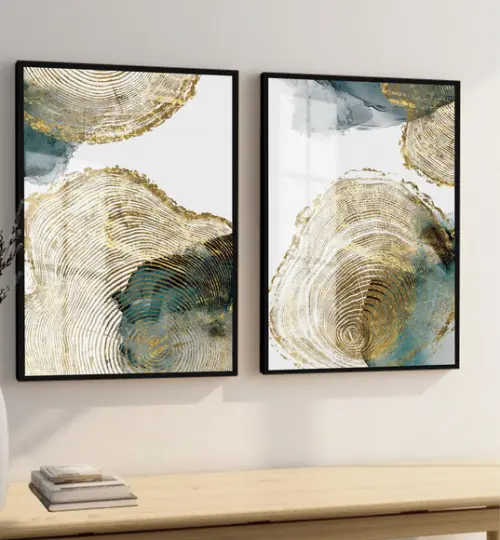 Kit Quadros Decorativos Abstrato Verde Dourado Moldura Vidro