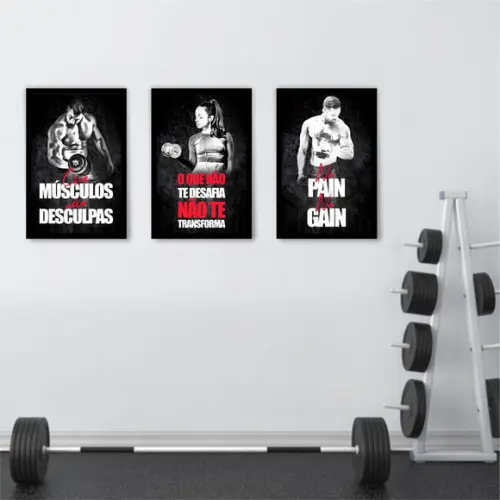 Kit Quadros Decorativos Academia Musculação Fitness Moldura