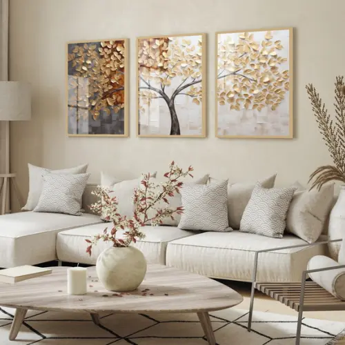 Kit Quadros Decorativos Arvore Folhagem Abstrato com Vidro