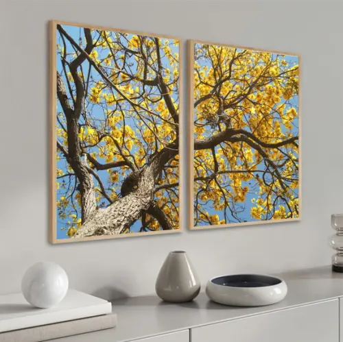 Kit Quadros Decorativos Arvore Folhagem Amarela Moldura