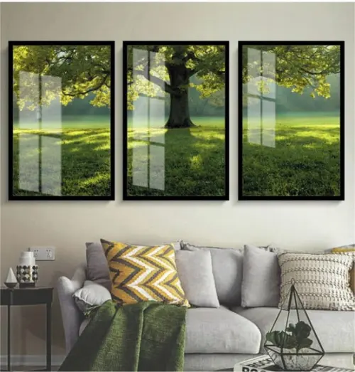 Kit Quadros Decorativos Arvore Verde Paisagem Moldura Vidro