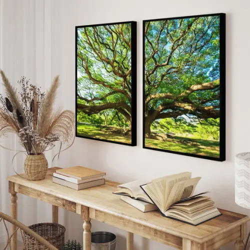 Kit Quadros Decorativos Arvore Verde Galhos Paisagem Moldura