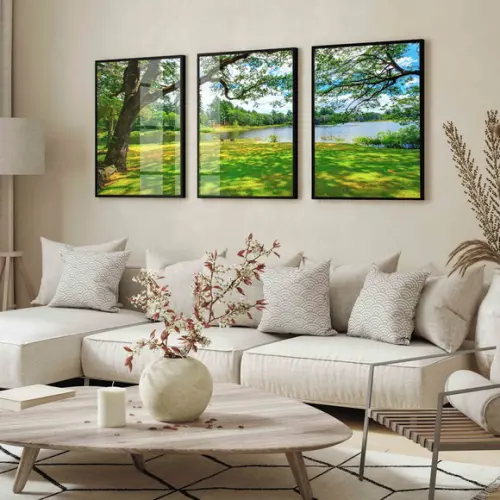 Kit Quadros Decorativos Arvore Verde Paisagem Vidro Moldura