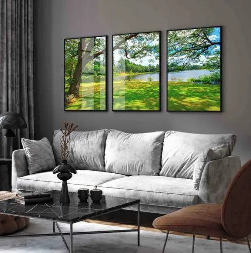 Kit Quadros Decorativos Arvore Verde Paisagem Vidro Moldura