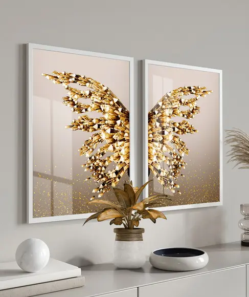 Kit Quadros Decorativos Borboleta Dourada Com Moldura Vidro