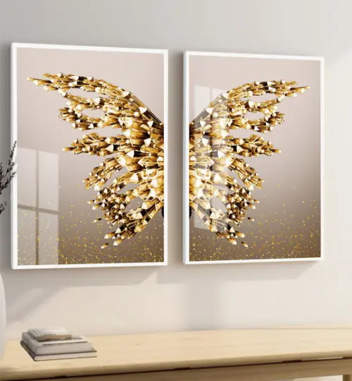 Kit Quadros Decorativos Borboleta Dourada Com Moldura Vidro