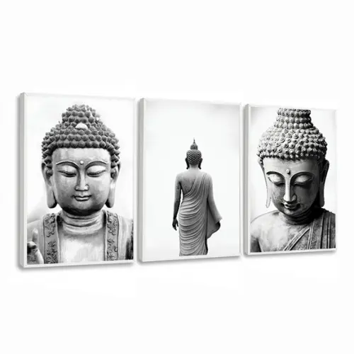 Kit Quadros Decorativos Buda Preto e Branco Moderno Moldura