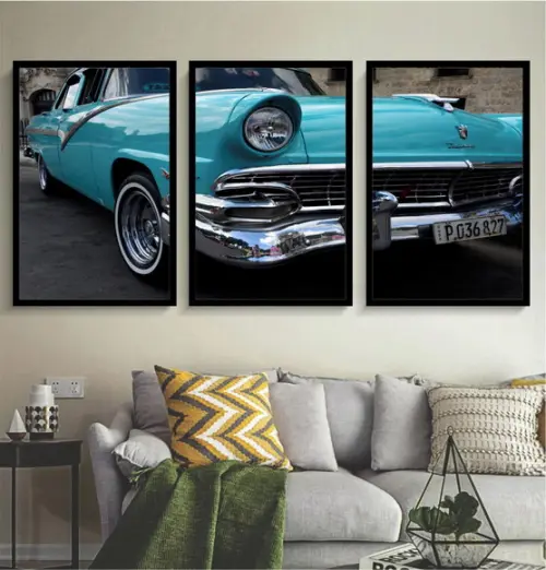 Kit Quadros Decorativos Carro Azul Vintage Para Quarto Sala