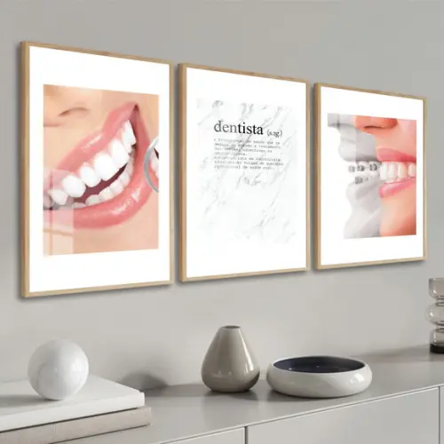 Kit Quadros Decorativos Consultório Dentista Moldura e Vidro