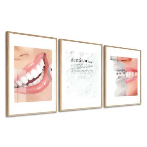 Kit Quadros Decorativos Consultório Dentista Moldura e Vidro