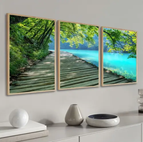 Kit Quadros Decorativos Deck Paisagem para Sala com Moldura