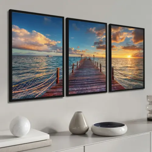 Kit Quadros Decorativos Deck Pôr do Sol Paisagem Mar Moldura