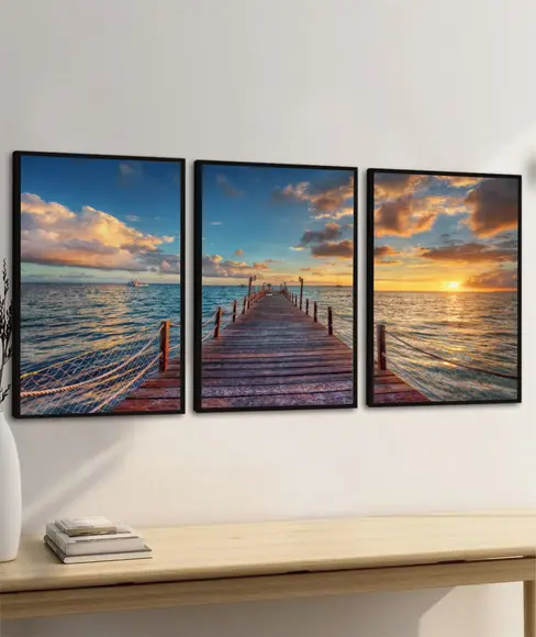 Kit Quadros Decorativos Deck Pôr do Sol Paisagem Mar Moldura
