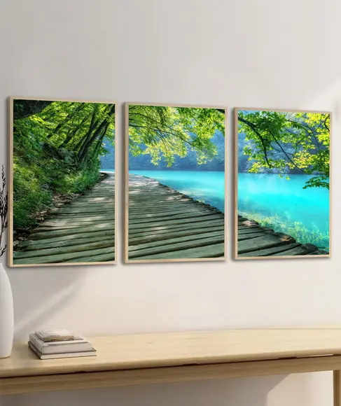 Kit Quadros Decorativos Deck Paisagem para Sala com Moldura