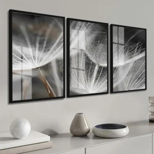 Kit Quadros Decorativos Dente de Leão Preto Branco com Vidro