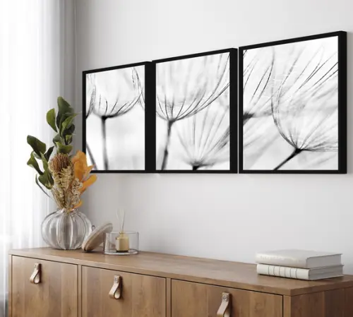 Kit Quadros Decorativos Dente de Leão Preto e Branco Moldura