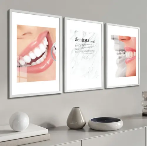 Kit Quadros Decorativos Dentista Consultório Moldura e Vidro