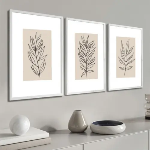 Kit Quadros Decorativos Desenho Folhas Abstrato com Moldura