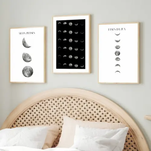 Kit Quadros Decorativos Fases da Lua Preto e Branco Moldura