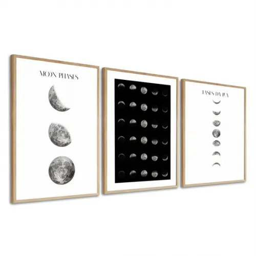 Kit Quadros Decorativos Fases da Lua Preto e Branco Moldura