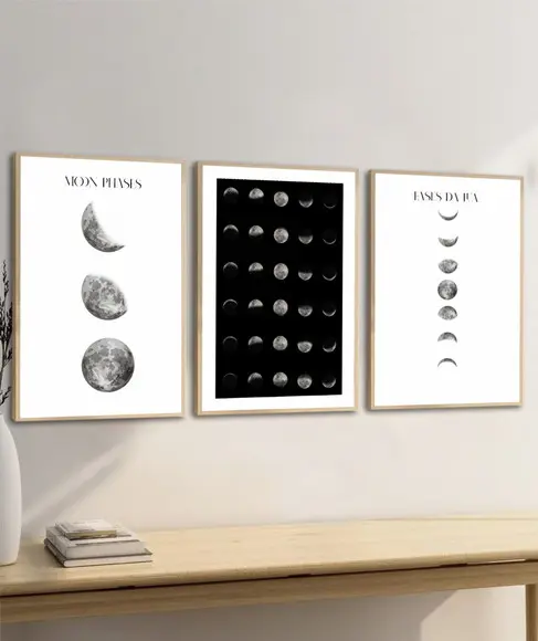 Kit Quadros Decorativos Fases da Lua Preto e Branco Moldura