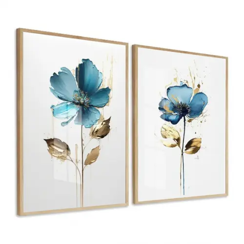 Kit Quadros Decorativos Flor Azul Quarto Sala Moldura Vidro