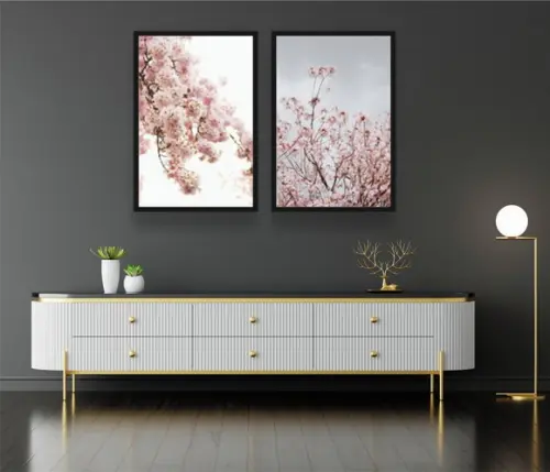 Kit Quadros Decorativos Flor De Cerejeira Para Sala Moldura