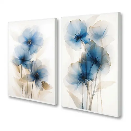 Kit Quadros Decorativos Floral Azul Sala Luxo Moldura Vidro