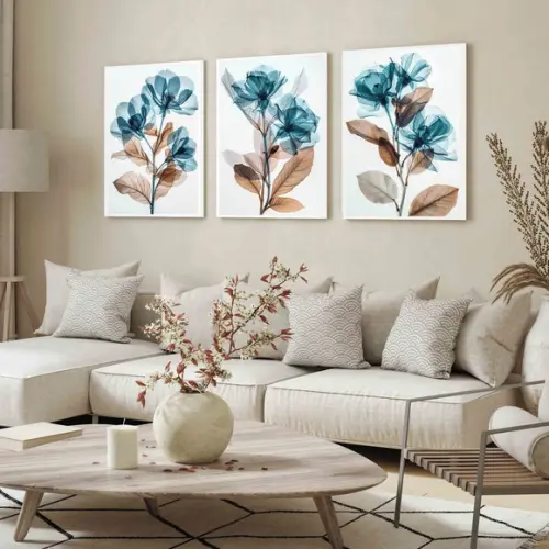 Kit Quadros Decorativos Flores Azul Luxo Moderno com Moldura