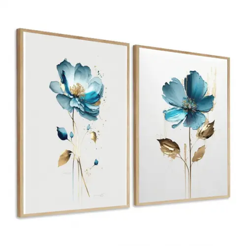 Kit Quadros Decorativos Flores Azul Gold Quarto Sala Moldura