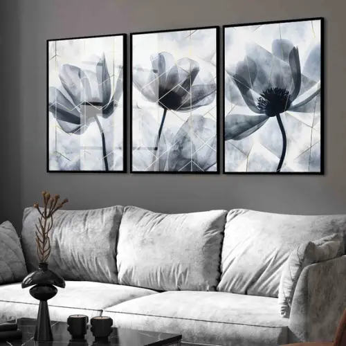 Kit Quadros Decorativos Flores Azul Moderno Moldura e Vidro