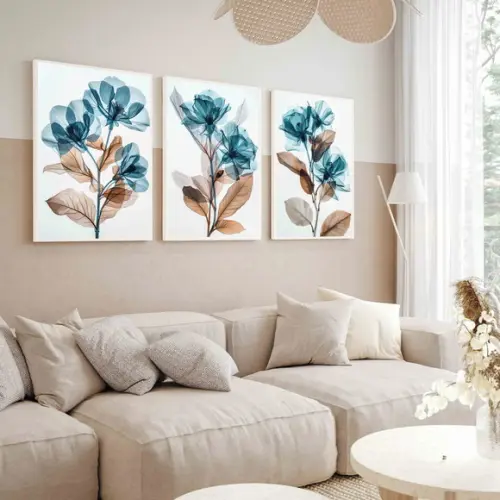 Kit Quadros Decorativos Flores Azul Luxo Moderno com Moldura
