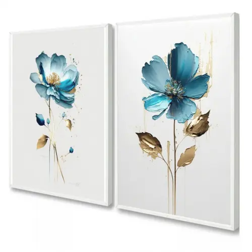 Kit Quadros Decorativos Flores Azul para Quarto Sala Moldura